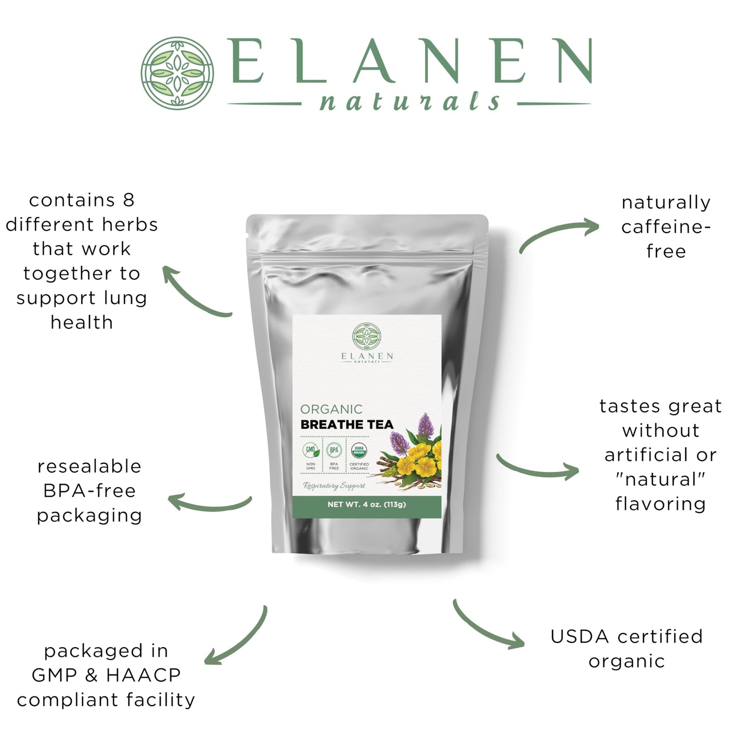Elanen Naturals Organic Breathe Tea 4 oz. (113g), USDA Certified Organic Lung Tea for Bronchial Wellness and Smokers, Respirator
