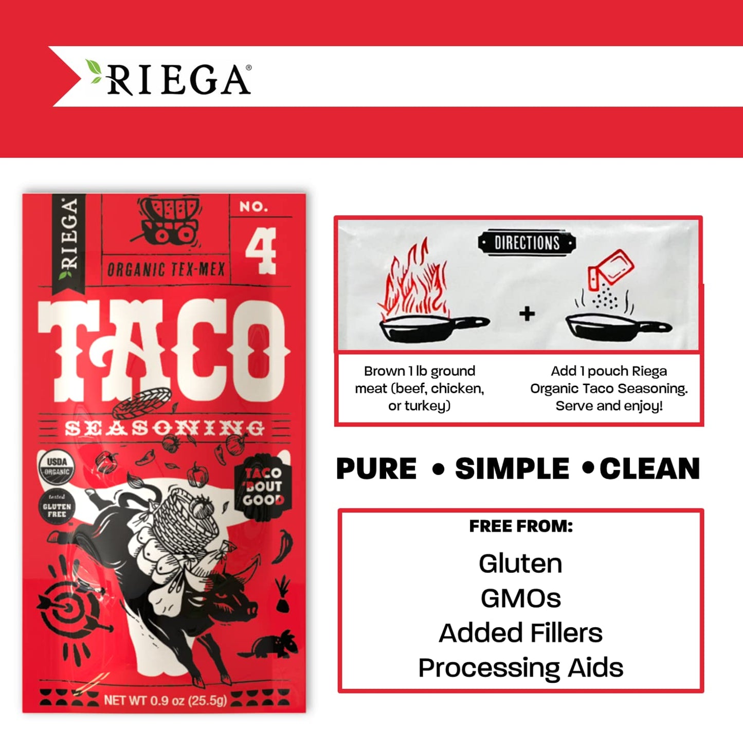 Riega Organic Taco Seasoning, Perfect Tex Mex Spice Mix For Taco Tuesday And Chili 0.9 Ounce (Pack Of 8)