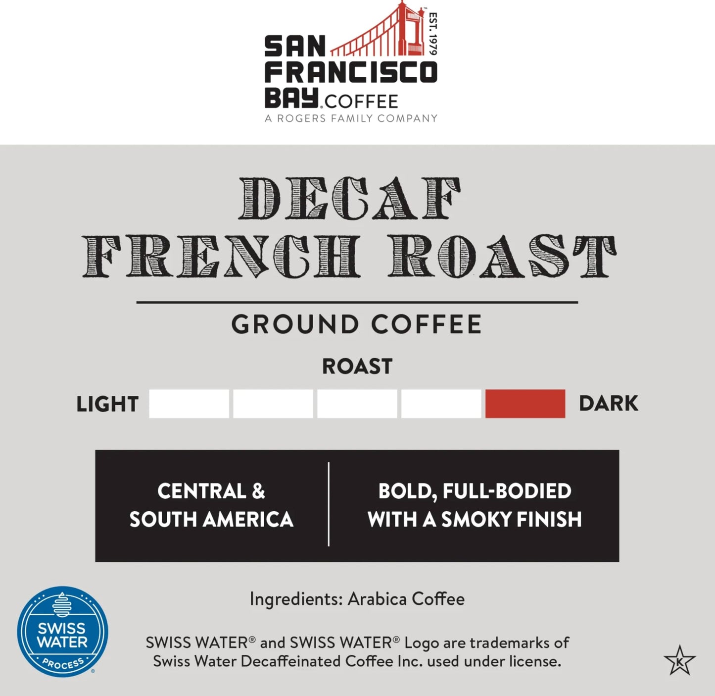 San Francisco Bay Coffee Coffee DECAF French Roast Ground Coffee, 28 oz Bag, Dark Roast, Swiss Water Process Decaffeinated