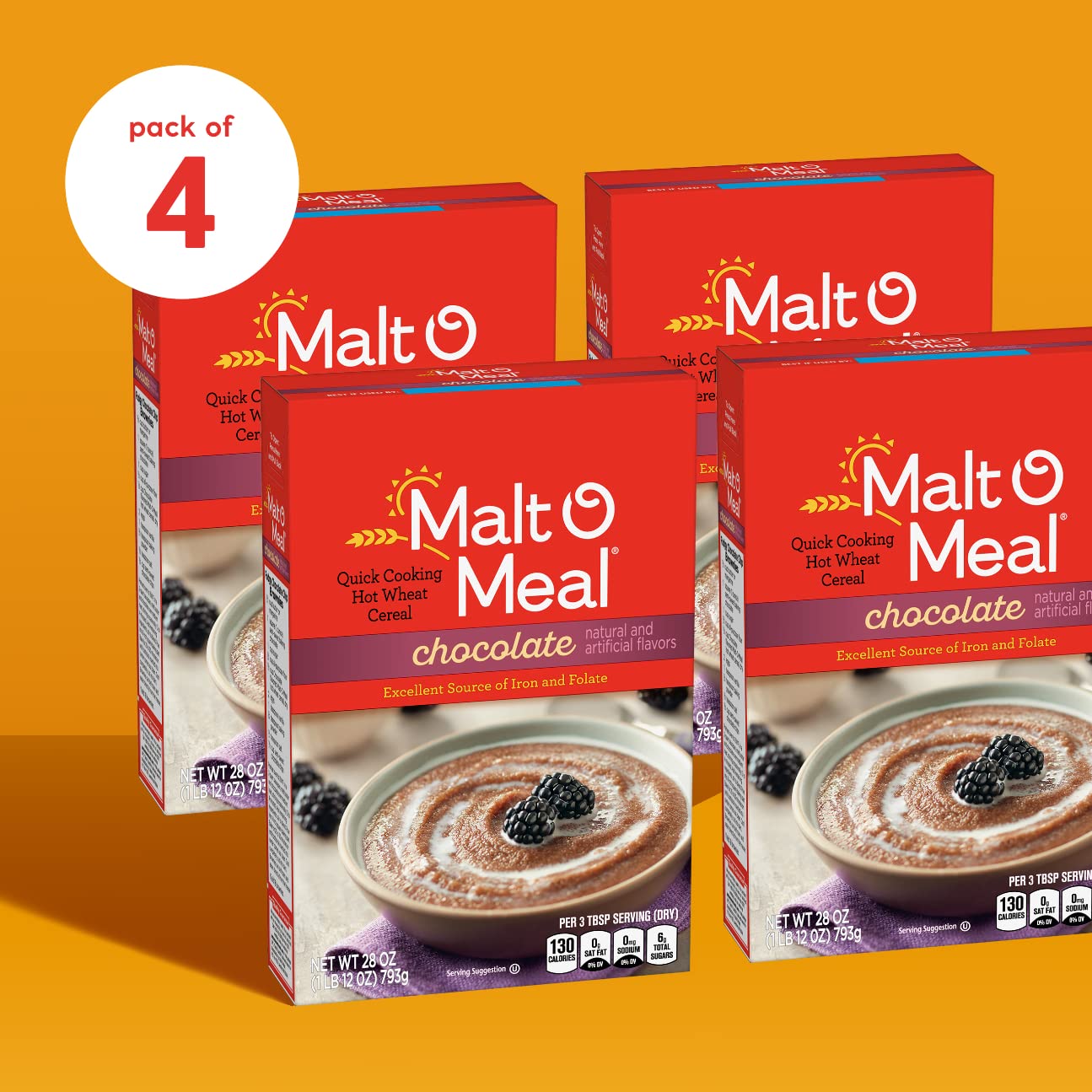 Chocolate Malt-O-Meal, Quick Cooking Hot Breakfast Cereal, 28 Ounce Box (Pack of 4)