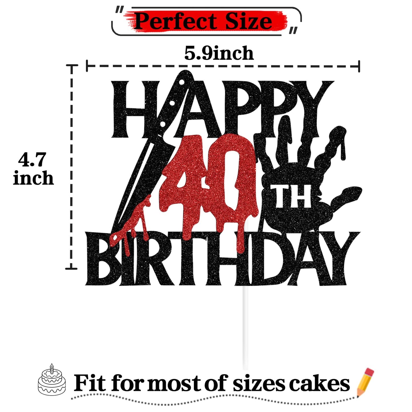 Black Glitter Killer Happy 40Th Birthday Cake Topper, Halloween Zombie Vampire Bloody Friday Birthday D  Cor, Halloween Horror T
