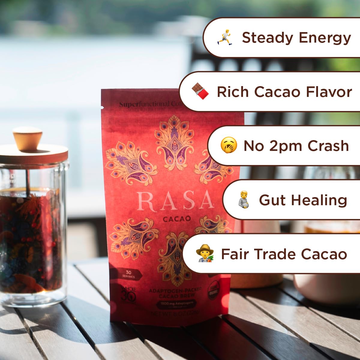 Rasa Cacao Adaptogenic Mushroom Coffee Alternative | Vegan, Keto, Ayurveda | 8 oz. (30 Servings)