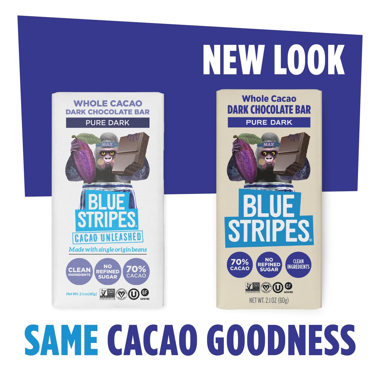 Blue Stripes - Pure Dark Whole Cacao Chocolate Bars, 70% Cacao Bar, Healthy Chocolate, Vegan, No Refined Sugar, Non GMO, Gluten