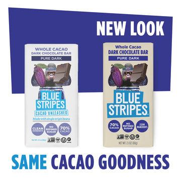Blue Stripes - Pure Dark Whole Cacao Chocolate Bars, 70% Cacao Bar, Healthy Chocolate, Vegan, No Refined Sugar, Non GMO, Gluten