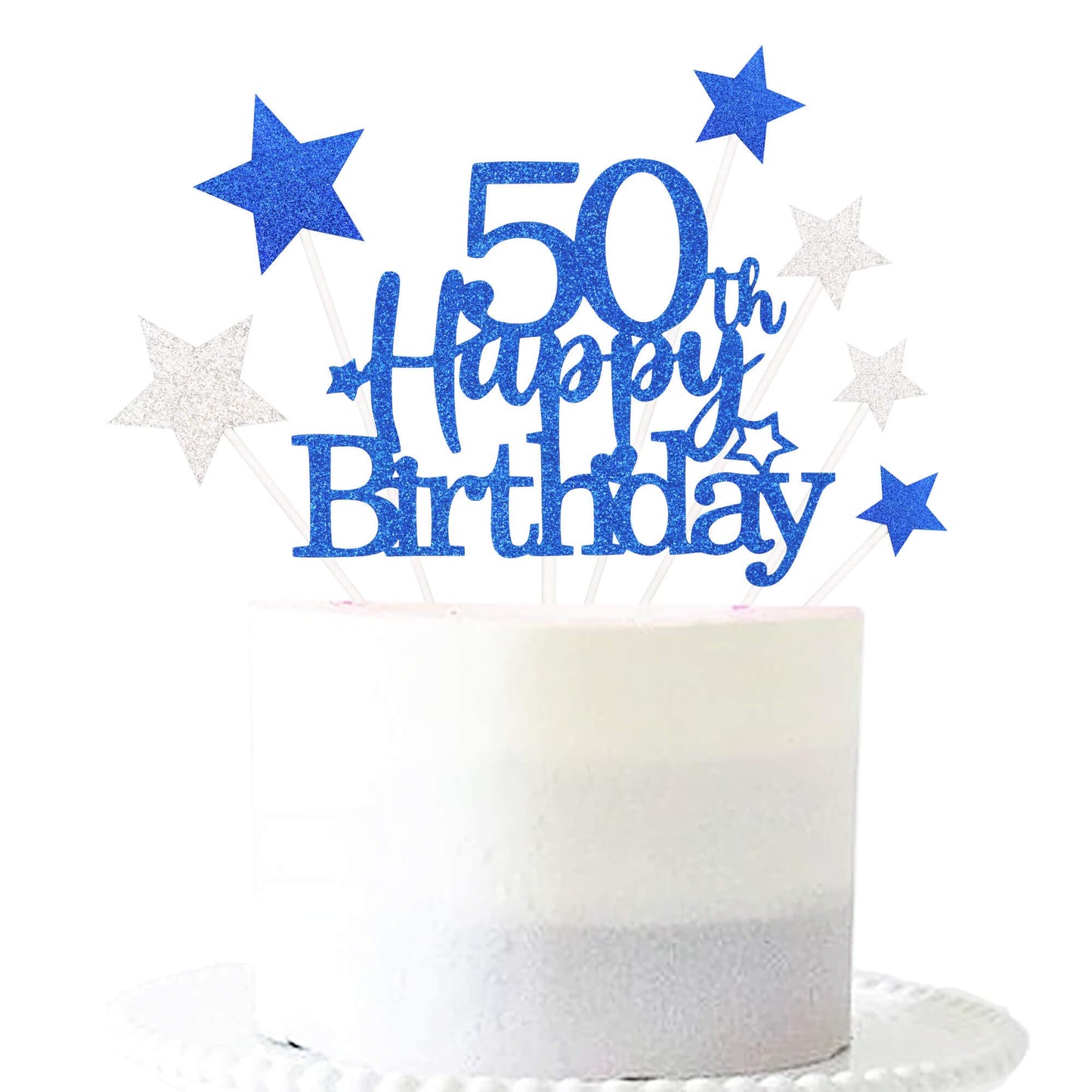 Pargleev Glittery 50th Birthday Cake Topper, Personalised Party Decoration, Blue, Paper