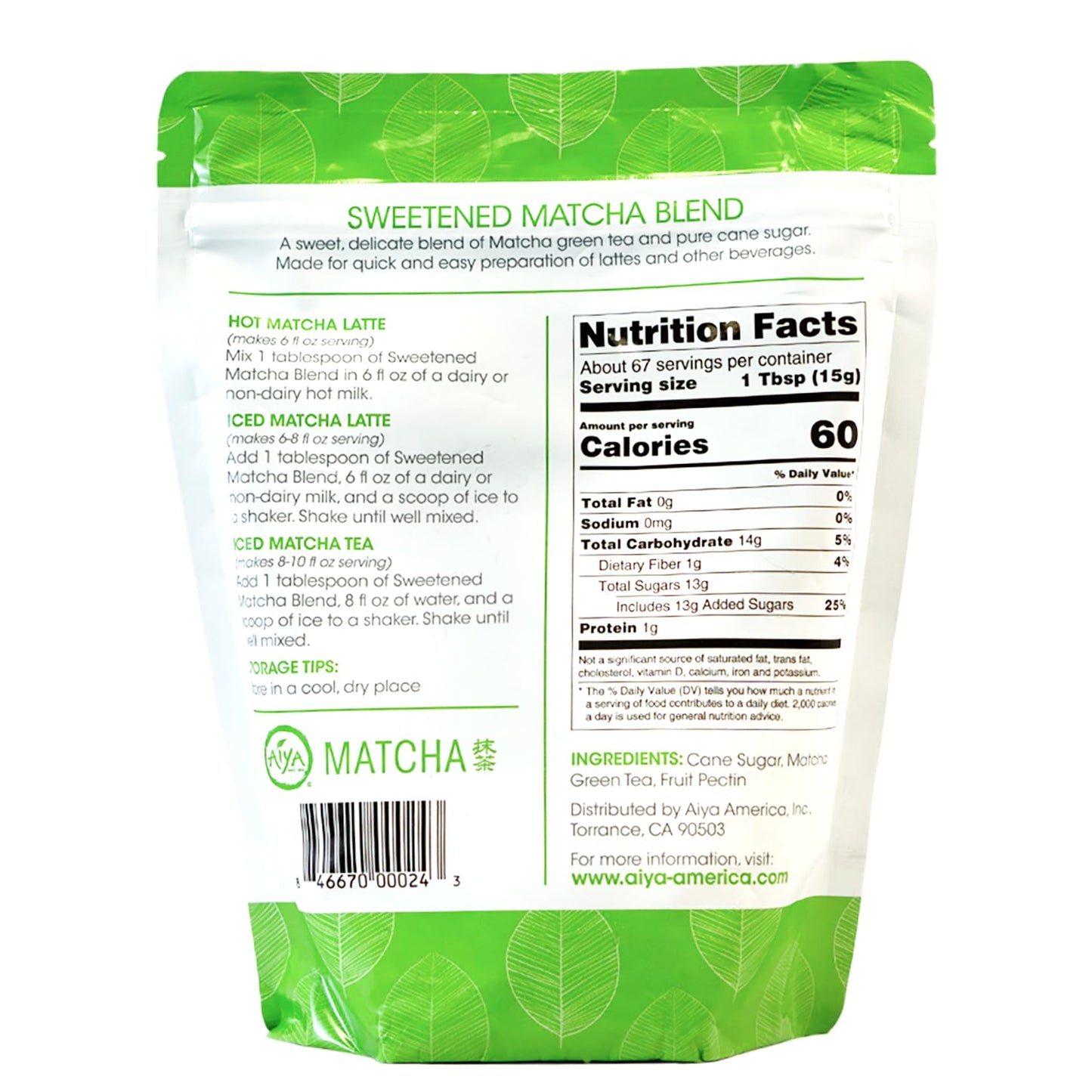 Aiya Sweetened Matcha Blend Powder - Matcha Latte Powder With Antioxidant-Rich Japanese Green Tea & Pure Cane Sugar - Ideal For