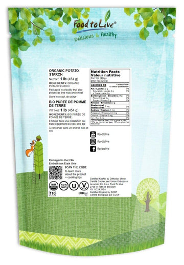 Food to Live Organic Potato Starch, 1 Pound - Unmodified Powder, Non-GMO, Pure Flour, Kosher, Vegan, Bulk, Great for Cooking, Ba