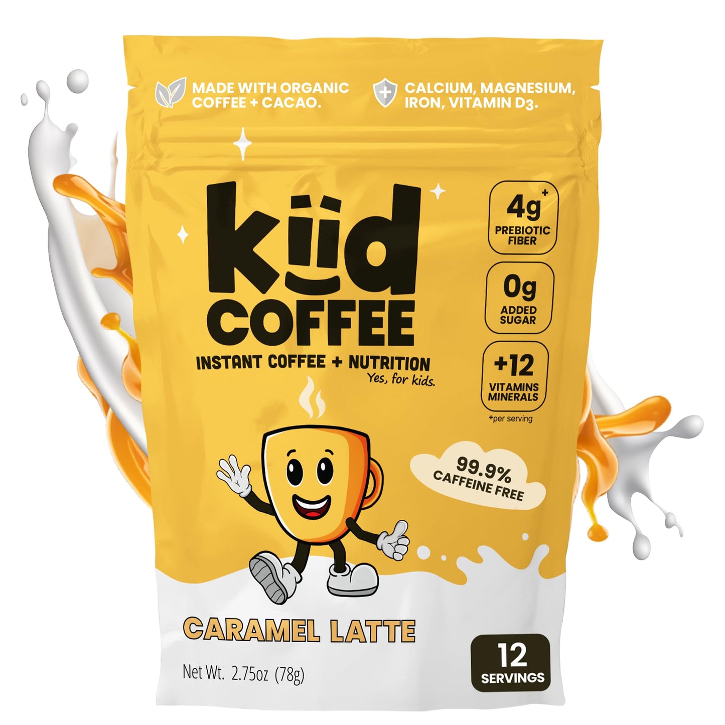 Kiid Coffee - 99.9% Caffeine-Free Organic Coffee for Kids - As Seen on Shark Tank - 12 Vitamins & Minerals  4g Prebiotics  0g Sugar - Non-GMO & Gluten-Free - Healthy Snack - Caramel - 12 Servings