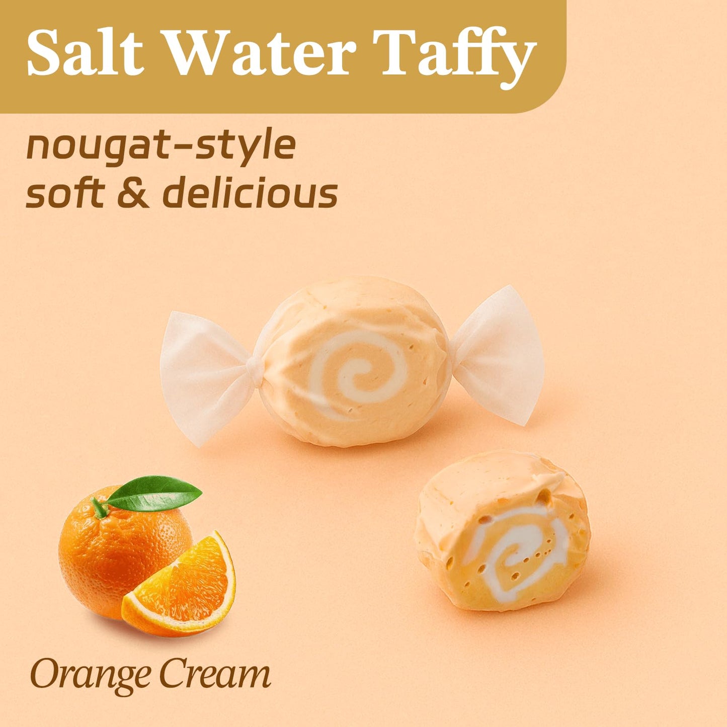 Salt Water Taffy By Snack Attack - 2Lb Bulk Bag, Individually Wrapped Vegan & Kosher Chewy Candy, (Classic Orange Cream, Old Fas
