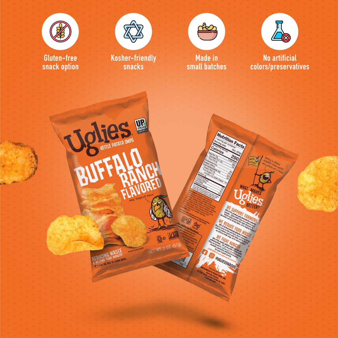 Uglies Buffalo Ranch Kettle-Cooked Potato Chips, Gluten-Free, Non-GMO, 2 Oz. Bags, Pack of 12