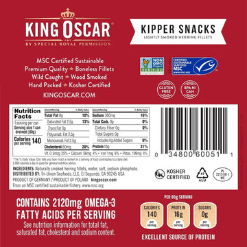 King Oscar Kipper Snacks, Lightly Smoked Herring Fillets, 3.54 Ounce Can, Wild Caught, Pack of 1