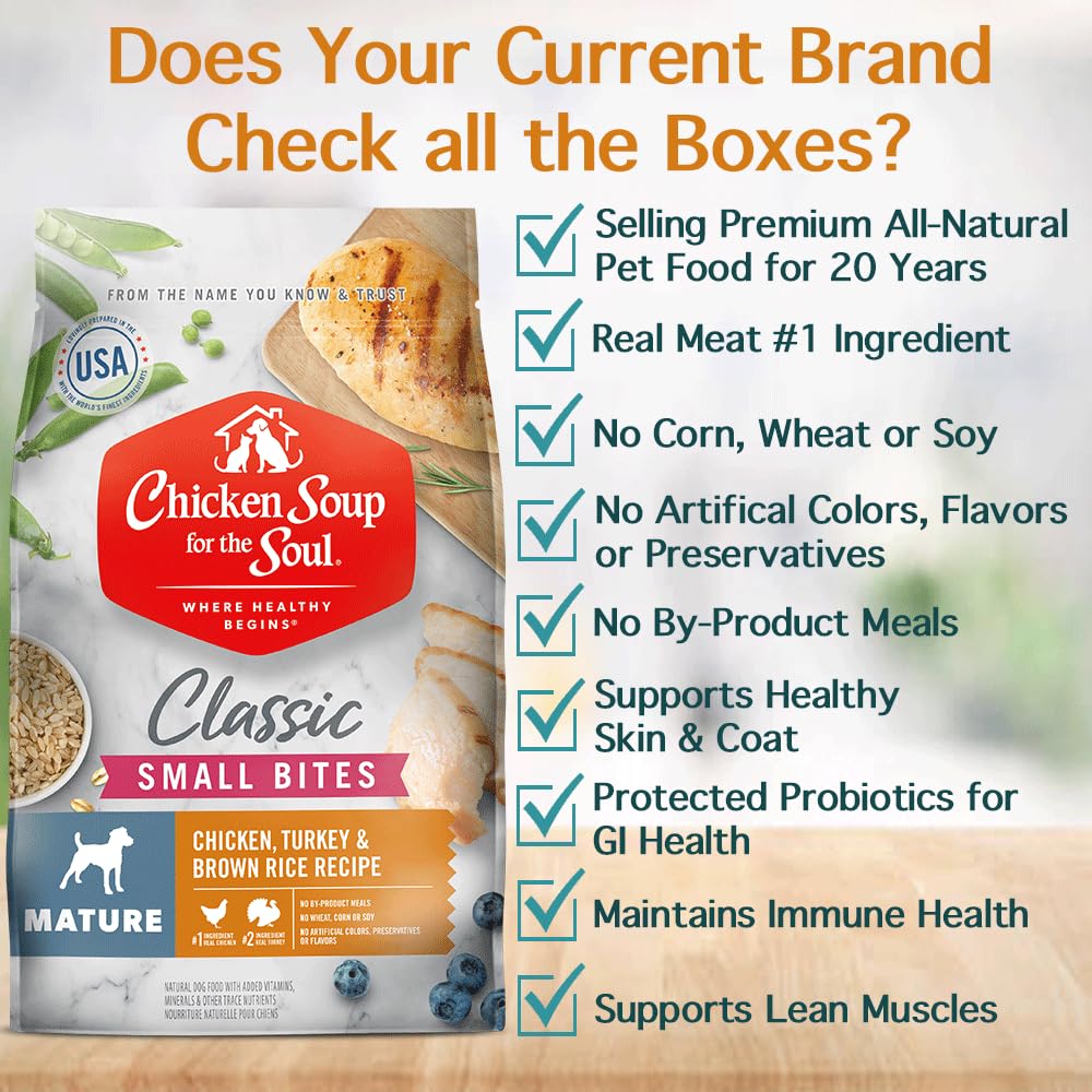 Chicken Soup For The Soul All Natural Enhanced Small Bites Senior/Mature Dry Dog Food, Real Meat First Ingredient, No By-Products, Supports Joint Health & Mobility, Chicken, Turkey & Brown Rice, 4.5Lb