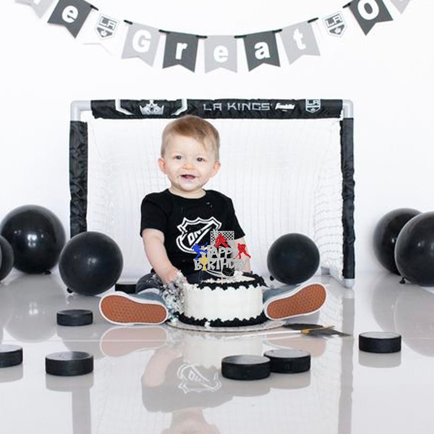 Rssta i Hockey Theme Birthday Cake Topper - Silver Cardstock Decoration for Baby Showers and Parties