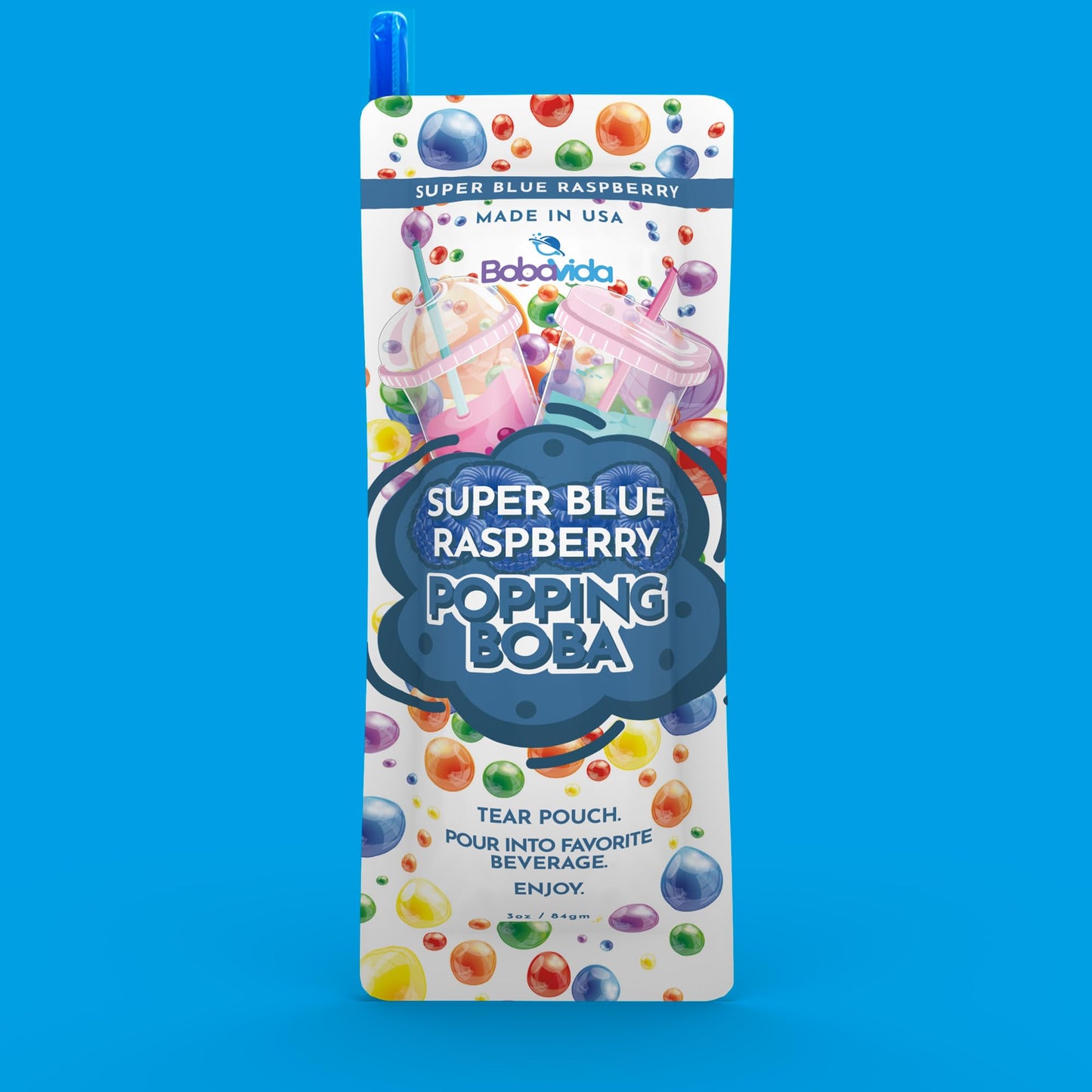 BOBAVIDA Popping Boba Pearls - Super Blue Raspberry - 10 Pack with Straws - Non-GMO Food Toppings