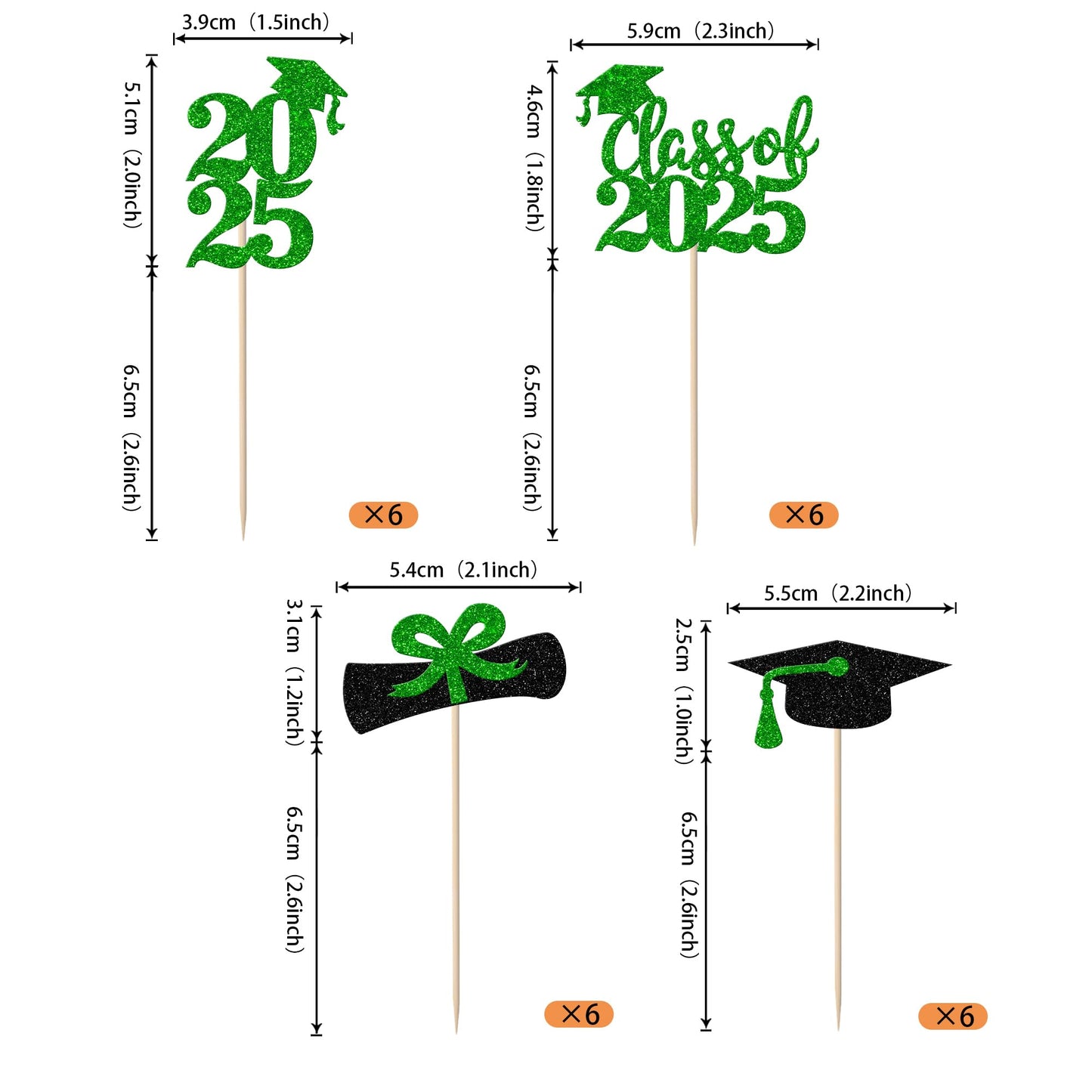 YCTHUNFISH 24 Pack Cupcake Toppers Graduation Theme Green Small Decorations for Class of 2025 Party Supplies