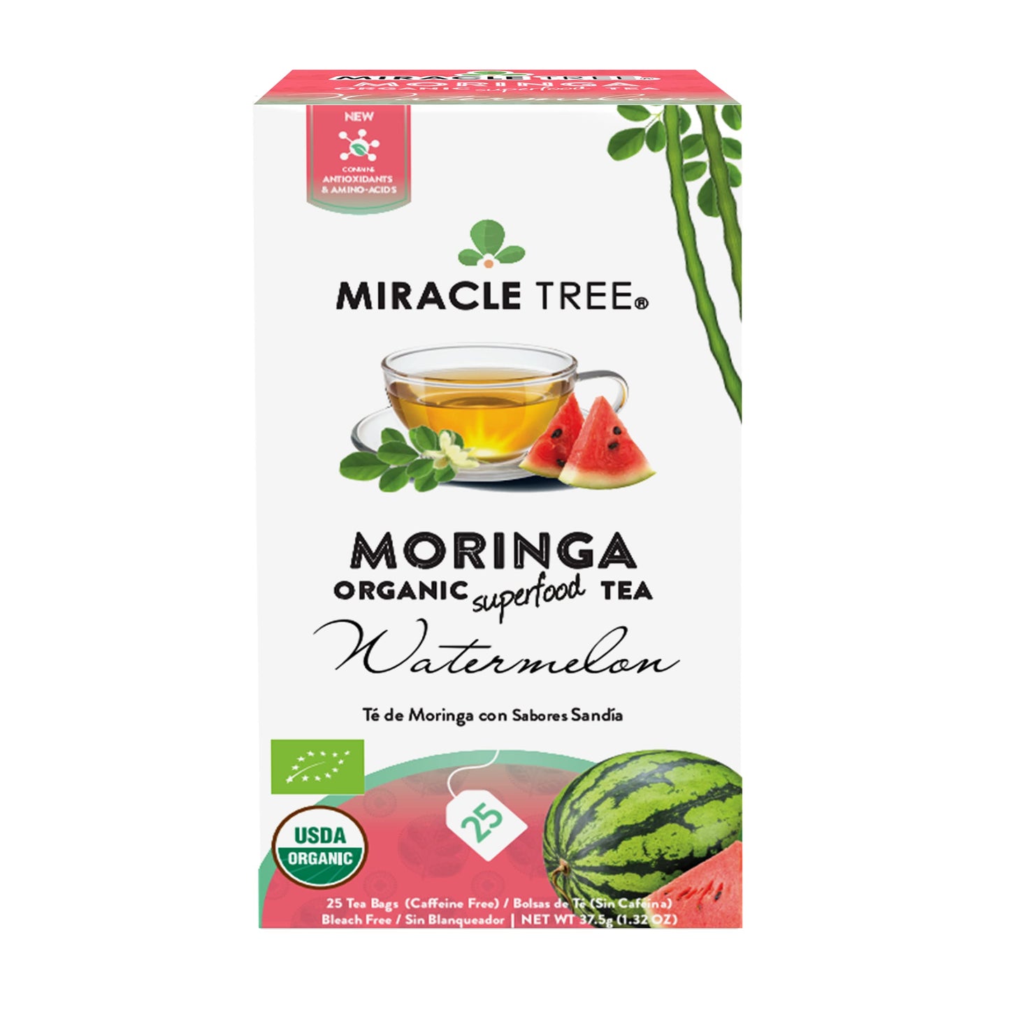 Tree Organic Moringa Superfood Tea, Watermelon Flavor, 25 Individually Sealed Bags, Vegan, Gluten-Free, Caffeine-Free