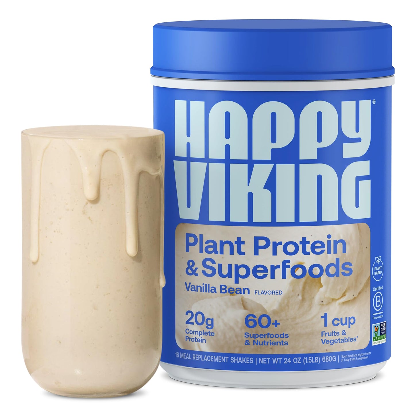 Happy Viking Vanilla Plant Protein Powder, Created By Venus Williams, 20G Protein, Low Carb, Keto, Vegan, Gluten-Free, Non-Gmo, Superfoods, Complete Meal Replacement, 1 Canister (24 Oz.)