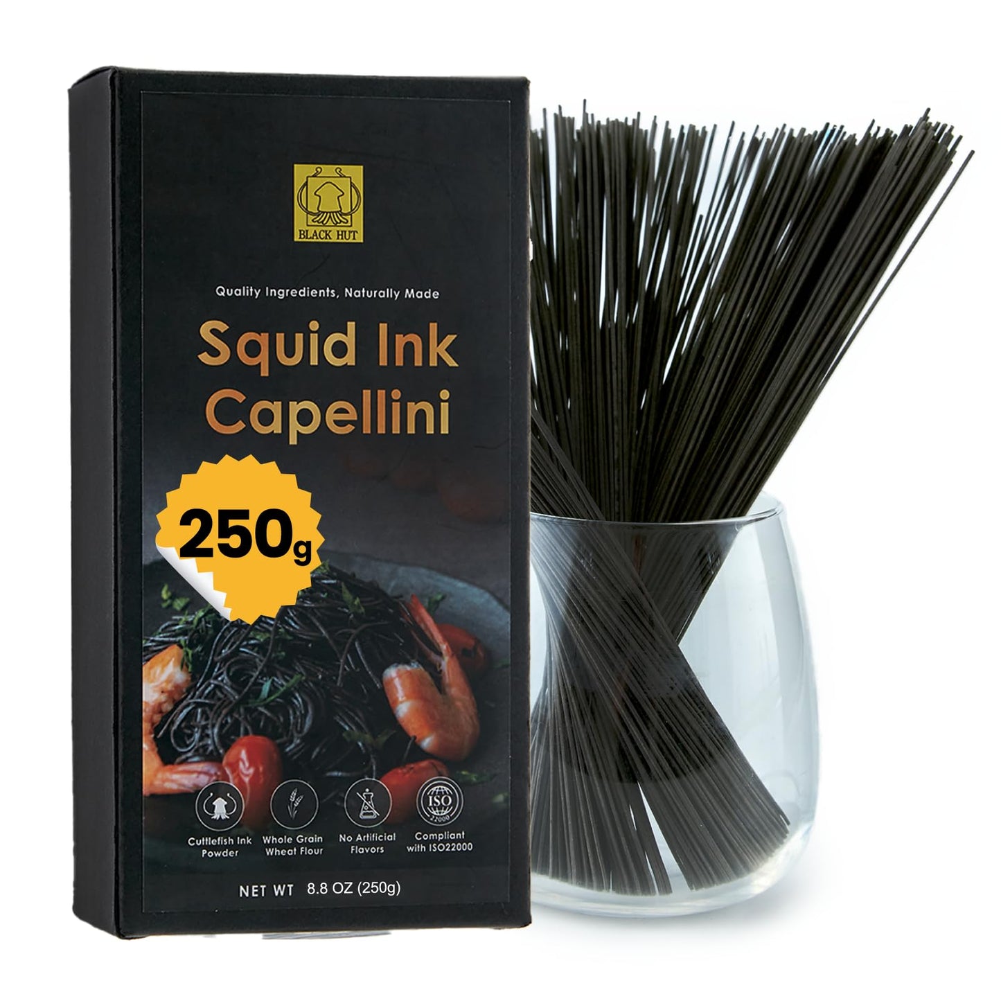 Black Hut Squid Ink Pasta - 8.8oz/ 250g, Skinny Capellini, Natural Ingredients, Spaghetti for Halloween Food, Angel Hair Pasta f