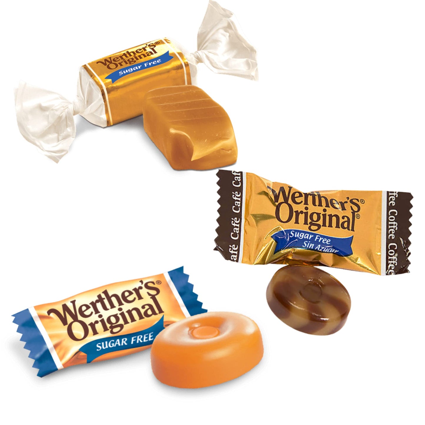 Needzo Werther'S Sugar Free Candy Variety Pack With Classic Caramel Flavored Hard And Chewy Candies Paired With Caramel Coffee, Sugarless Gift Basket Stuffer, Set Of 3