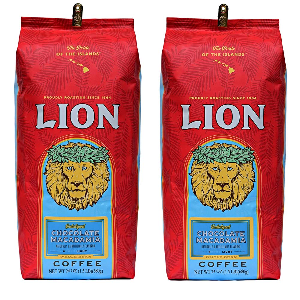 Lion Coffee 2-Pack Chocolate Macadamia Flavored Whole Bean Coffee, Light Roast, Hawaiian Inspired Taste - 10 Ounce Bags (Pack Of Two)