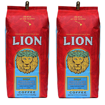 Lion Coffee 2-Pack Chocolate Macadamia Flavored Whole Bean Coffee, Light Roast, Hawaiian Inspired Taste - 10 Ounce Bags (Pack Of Two)