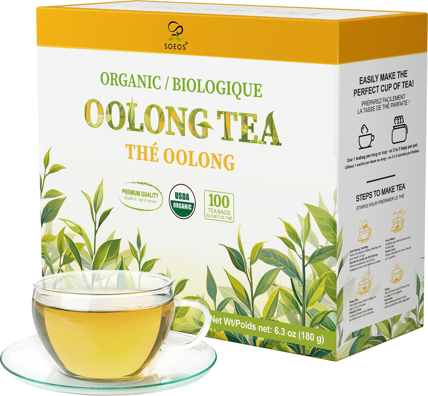 Soeos Organic Oolong Tea  100 Tea Bags  Low Caffeine  6.3 Ounce  Hot and Cold Brew  Fresh and Healthy Oolong Tea