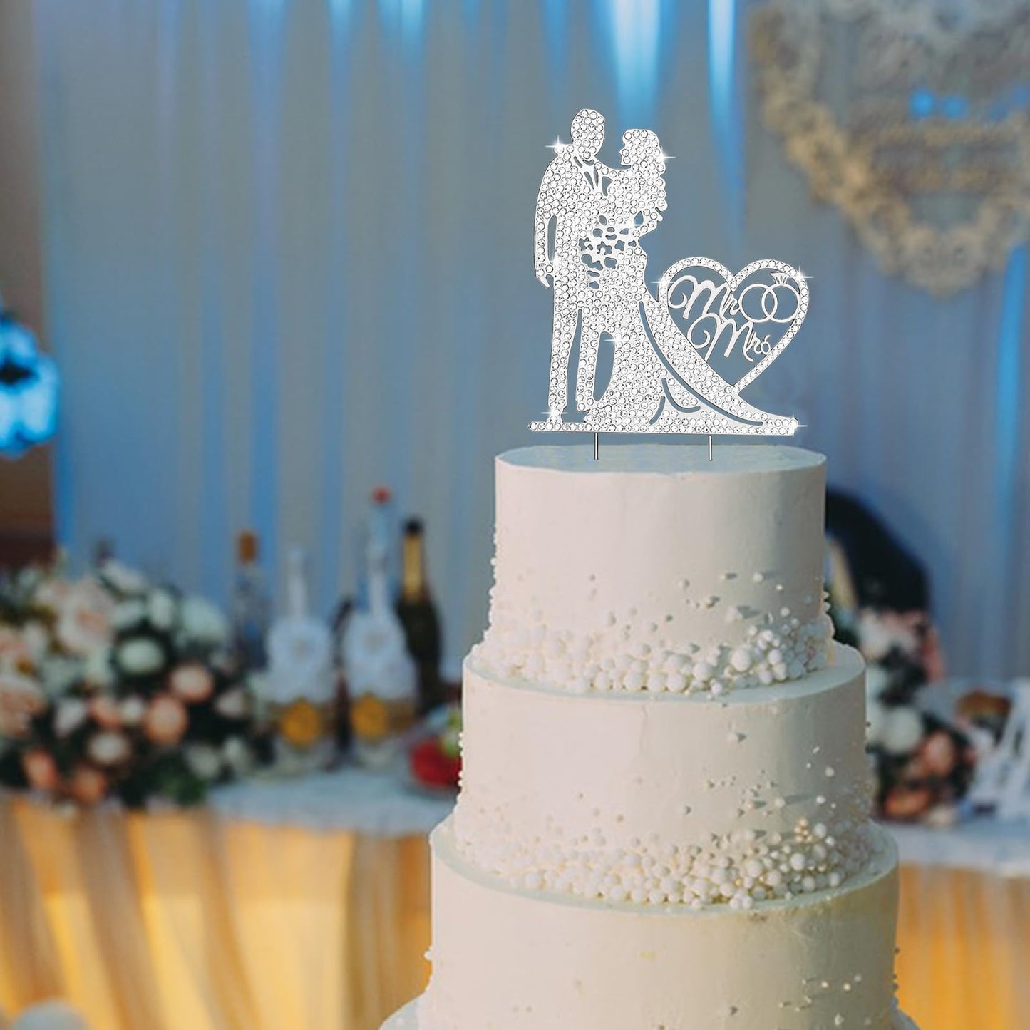 Jaciya Mr & Mrs Cake Topper - Bride & Groom Rhinestone Silver Metal Wedding Cake Decorations