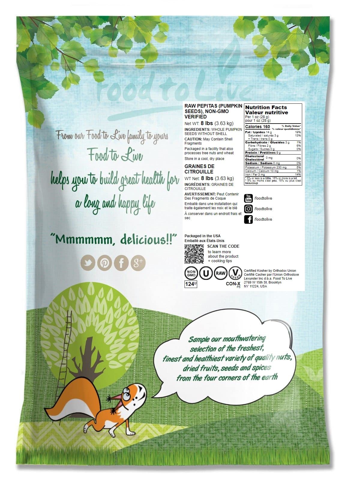 Food To Live Pepitas/Semillas De Calabaza De Food To Live (Crudas, Sin Cascara) (8 Pounds)