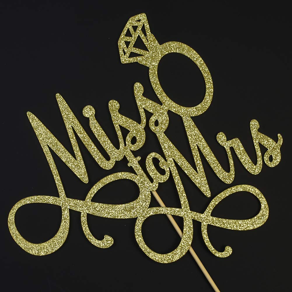 Miss To Mrs Cake Topper, Glitter Wedding Engagement Bridal Shower Bachelorette Party Decorations Supplies, Gold