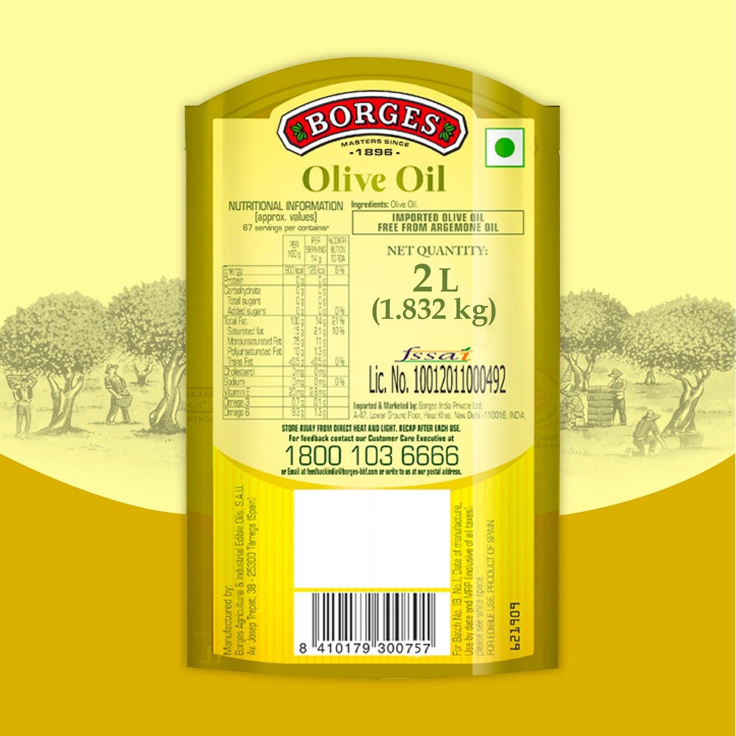 Borges Olive Oil Extra Light Flavour, 2 Liters