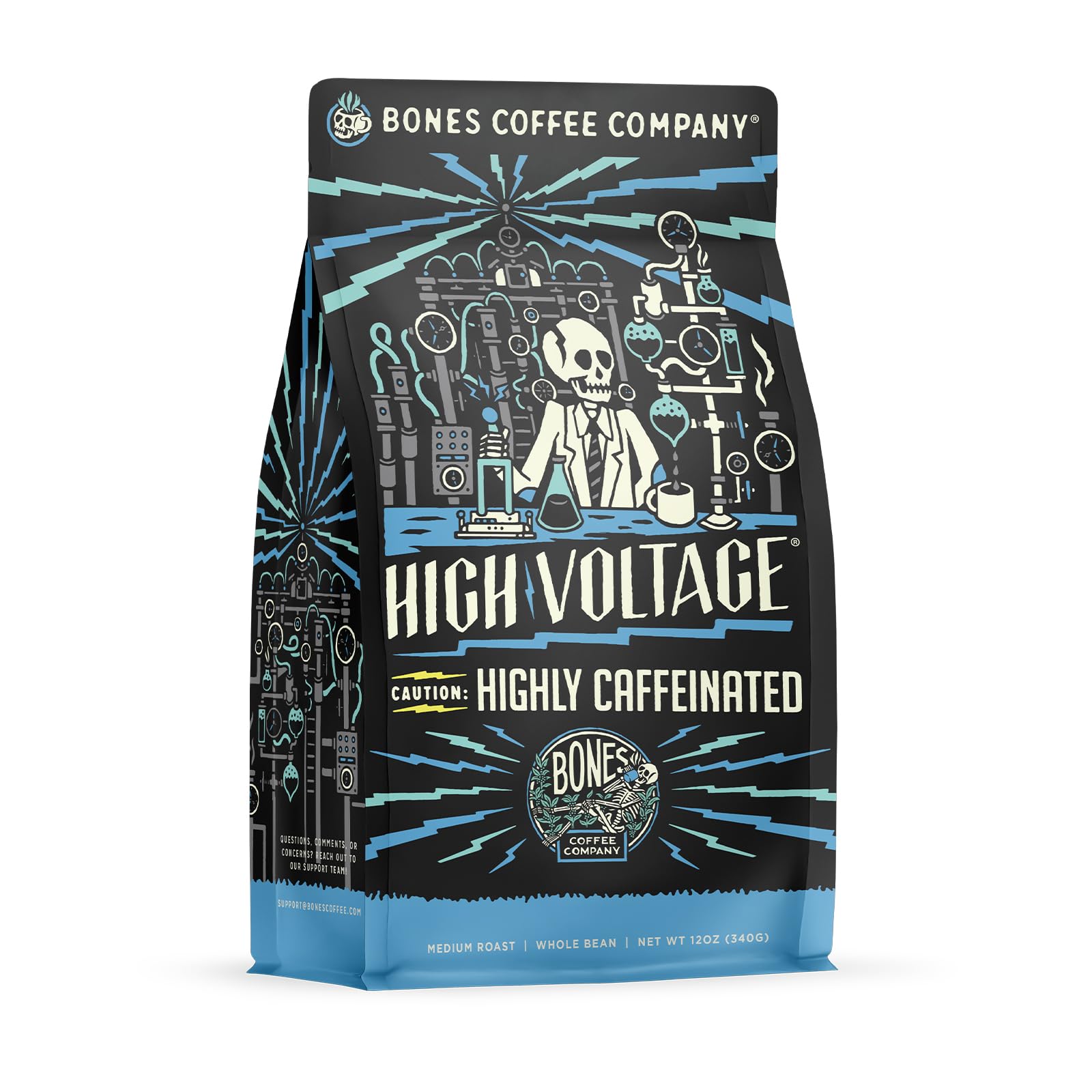 Bones Coffee Company High Voltage Whole Coffee Beans Highly Caffeinated, Low Acid Flavored Coffee, Made With Arabica Coffee Bean