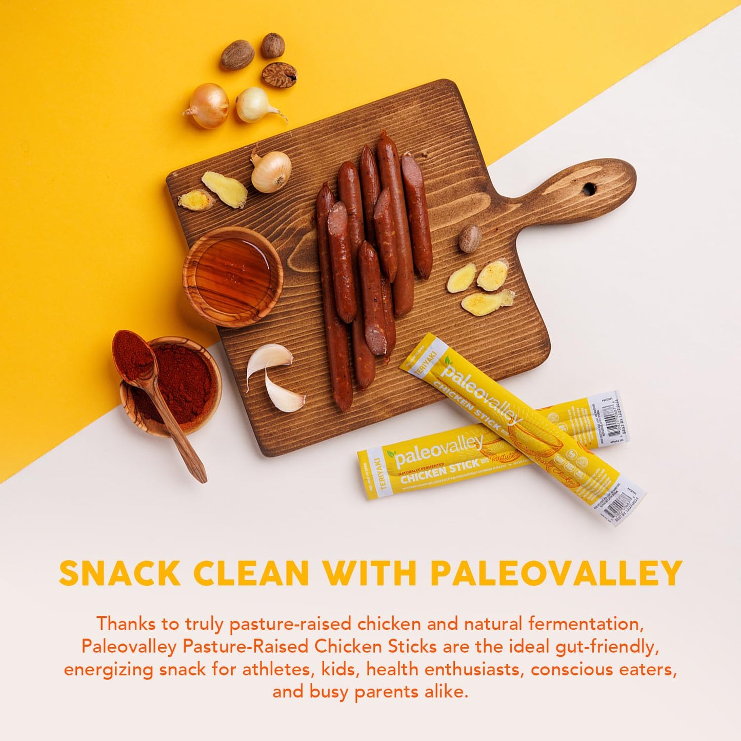 Paleovalley Pasture-Raised Chicken Sticks - 10 Pack - 7g Protein per Stick - Keto-Friendly  Paleo  Gluten-Free  Nitrate-Free - On-the-Go Snack (10 Pack  Teriyaki)