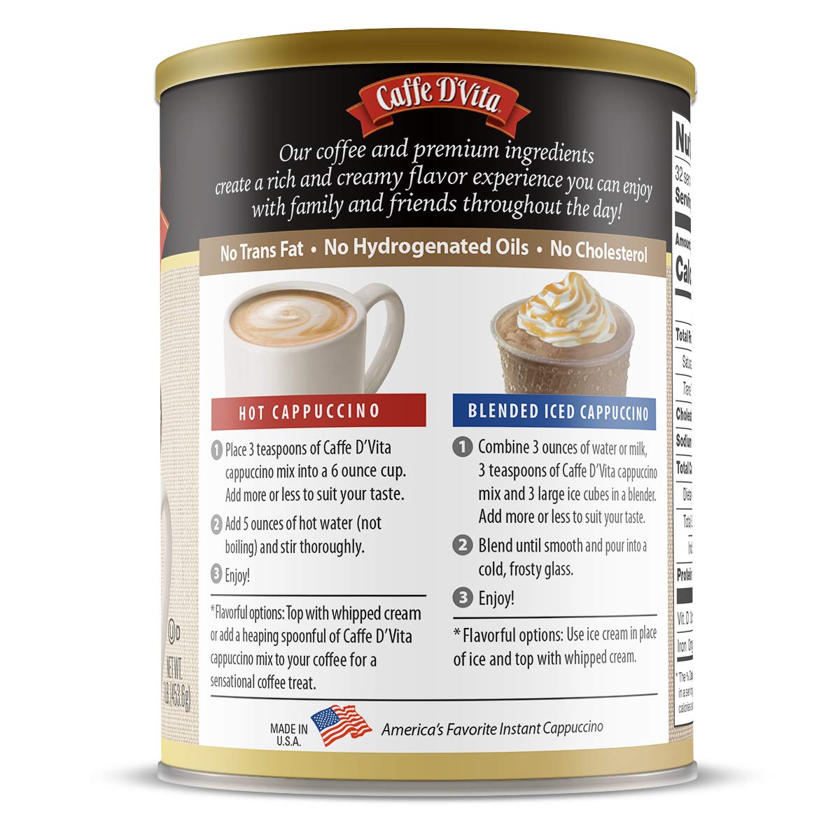 Caffe D'Vita Amaretto Cappuccino Mix, 16 oz - No Cholesterol, Gluten Free, 99% Caffeine Free Instant Cappuccino