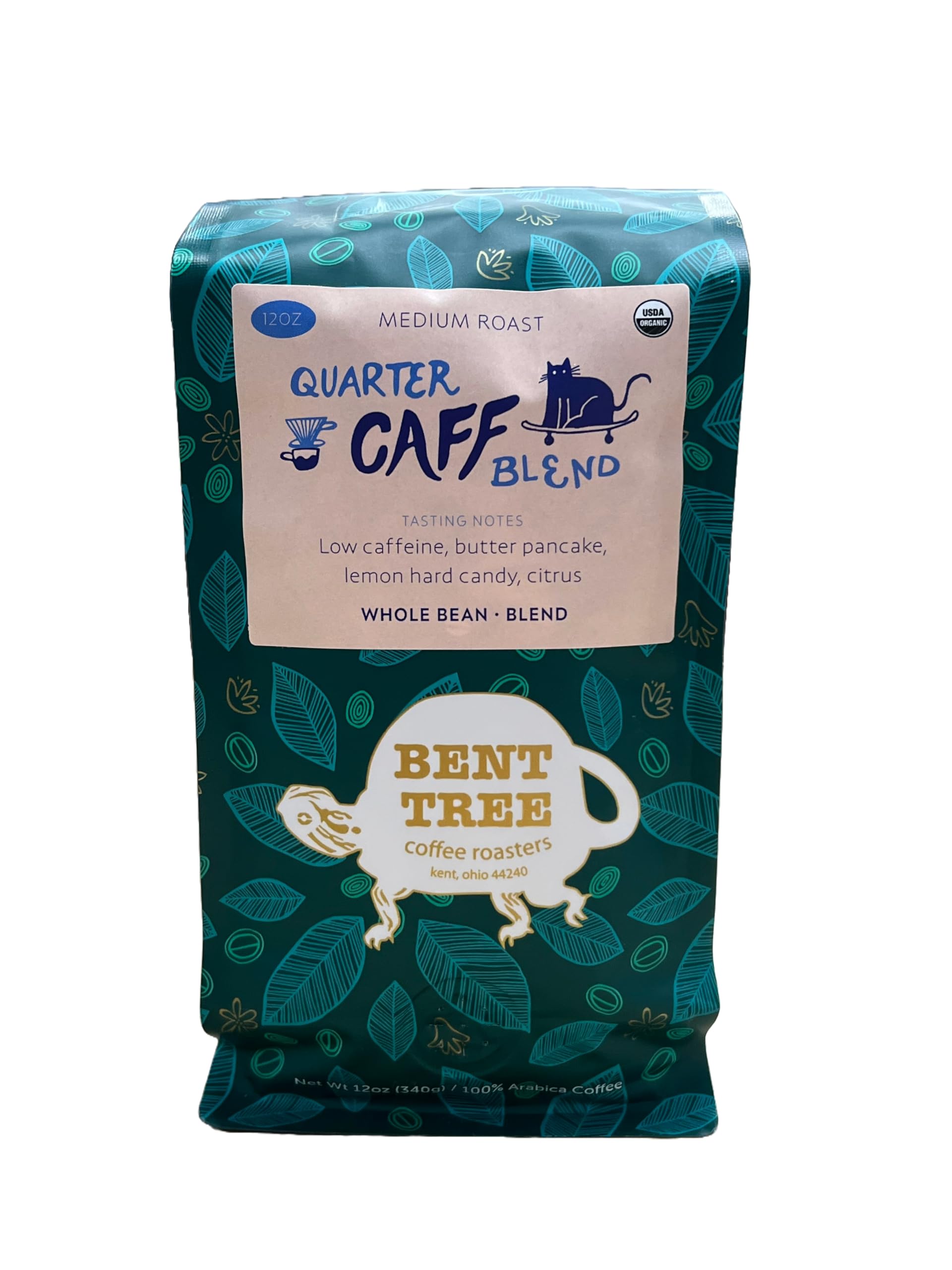 Bent Tree Coffee Roasters Organic Coffee, Quarter Caff Blend, Whole Bean, Medium Roast, 12oz, USDA Organic, Low Caffeine
