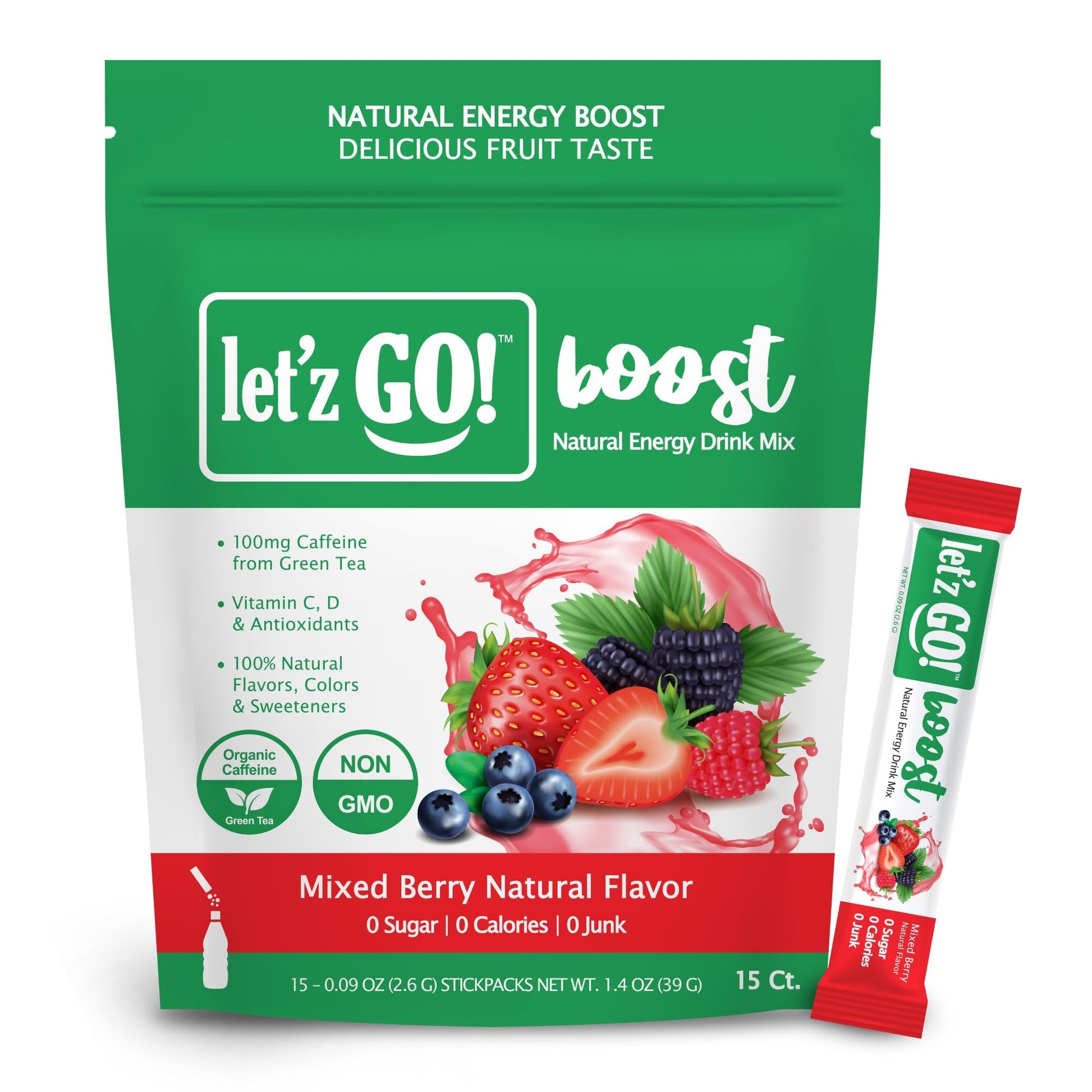 Letz Go! Clean Energy Drink Mix - Sugar Free, Electrolytes, 15 Pack, Mixed Berry, Caffeine Boost, 0.09 Ounce Each