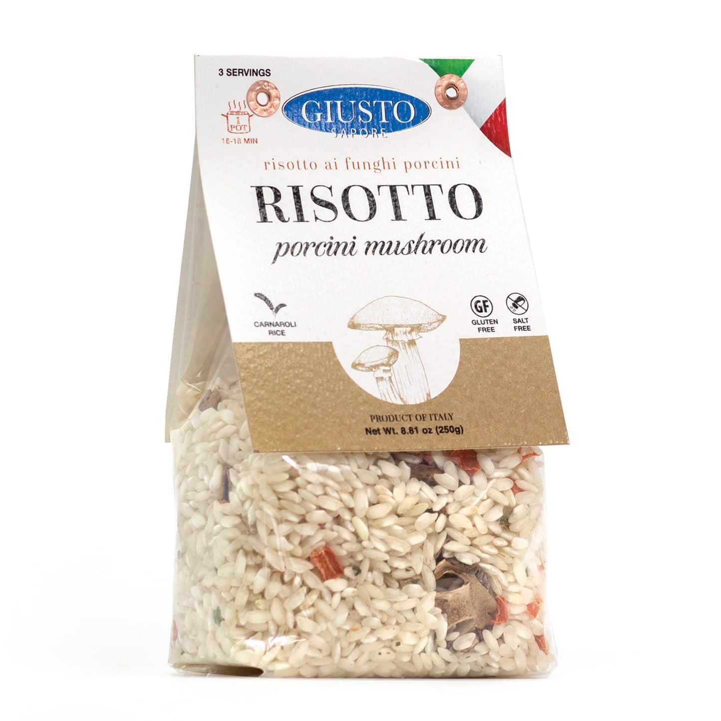 Giusto Sapore Italian Risotto - Porcini Mushroom - All Natural, Gluten Free, No Added Salt - Premium Gourmet 3-4 Serving Size, 8.81 Oz - Imported From Italy And Family Owned