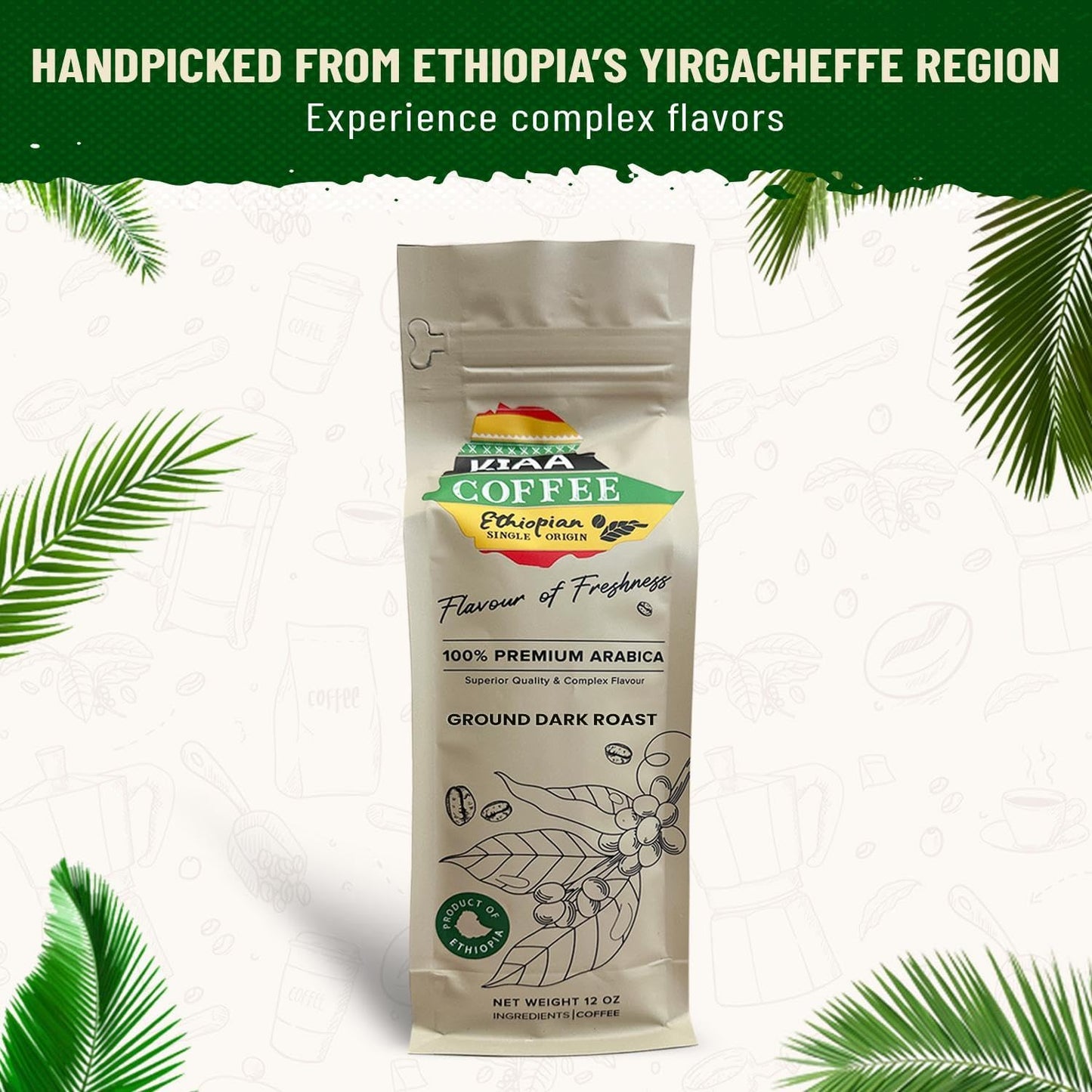 Kiaa Ethiopian Enhanced Ground Dark Roast - 12Oz, 100% Organic Arabica, Full-Bodied Bold Flavor, Rich & Smooth, Perfect For Espresso, French Press & Drip Brewing, Freshly Roasted