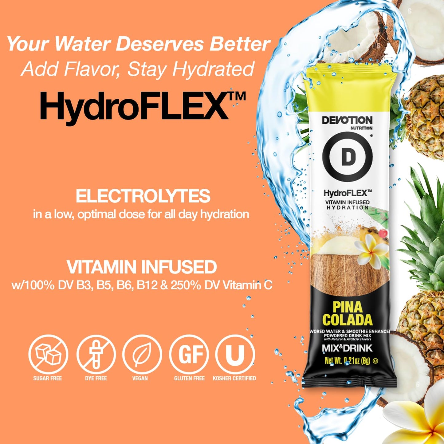 Devotion Nutrition HydroFLEX Pina Colada Drink Mix – Sugar-Free, Dye-Free Hydration with Vitamins & Electrolytes, 12-Pack, 2.54 oz