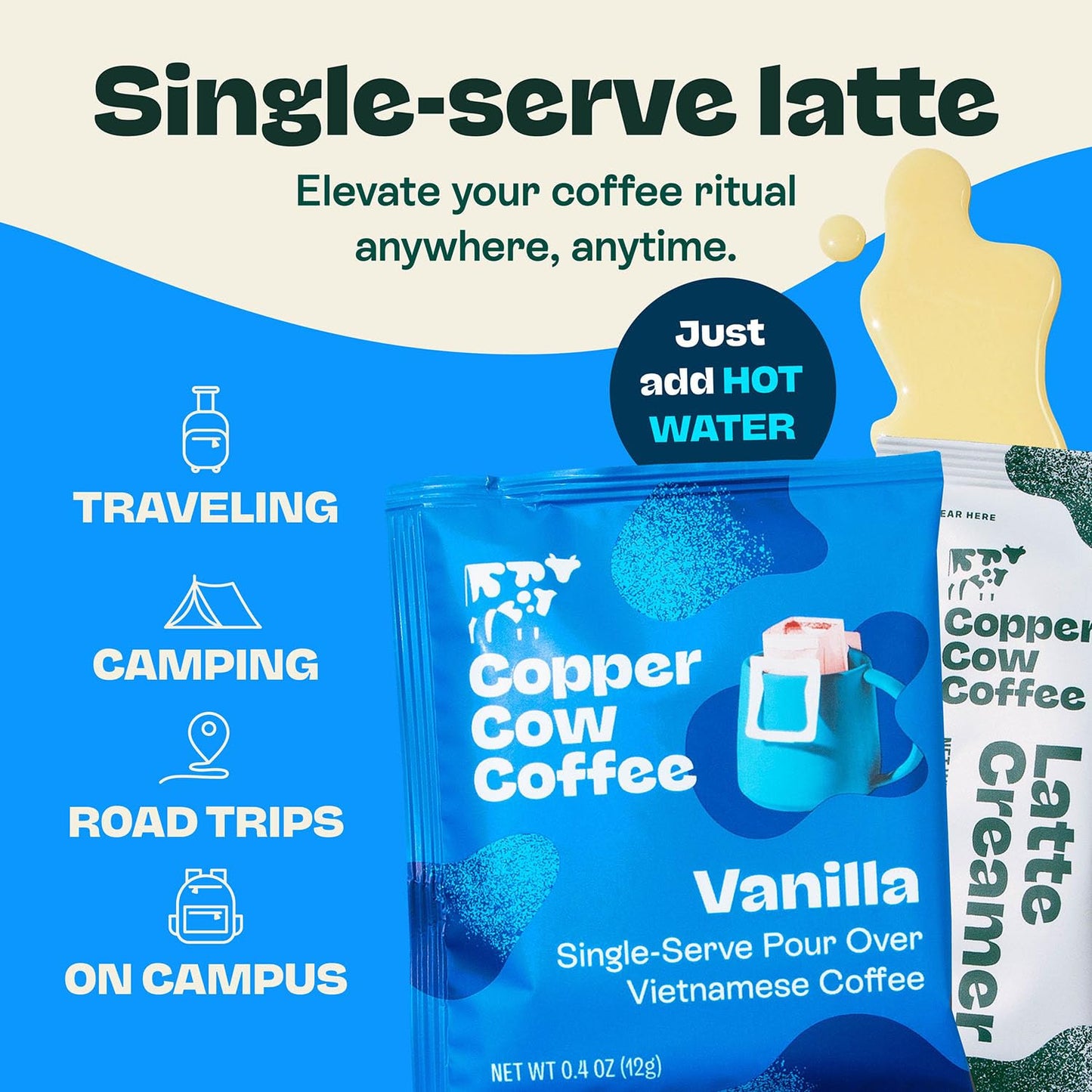 Copper Cow Coffee Premium Vietnamese Coffee - 16 Piece Set with 8 Vanilla Coffees & 8 Sweetened Condensed Milk Creamers
