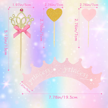 72 Pieces Glittery Princess Cupcake Toppers Crown Cupcake Wrapper Holder Pink Gold Crown Tiara Cupcake Pick Glitter Heart Cupcak