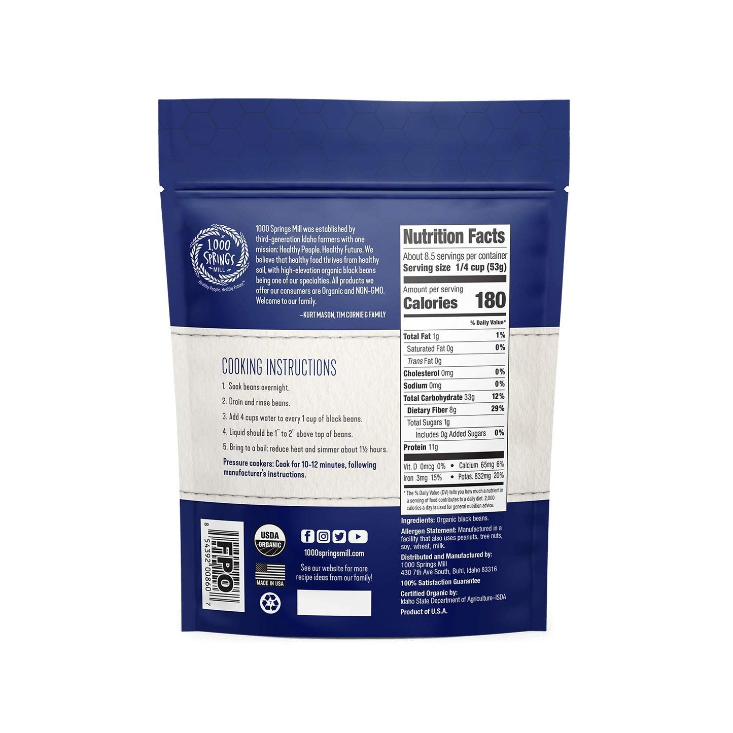 1000 Springs Mill - Organic Black Beans | Used For Soups, Salads, Chili, Dips Or Various Breakfast Dishes | Bulk Dry Black Beans