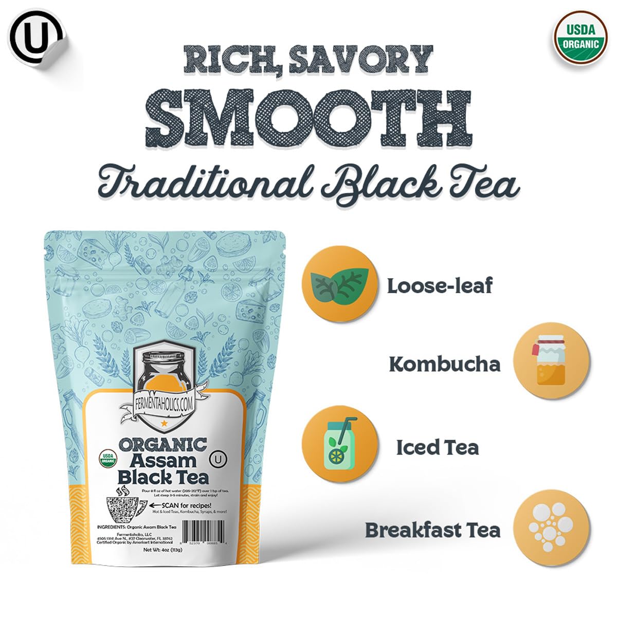 Fermentaholics Usda Certified Organic Loose-Leaf Assam Black Tea - Perfect For Homebrewing Kombucha, Hot Tea, And Iced Tea - Ou