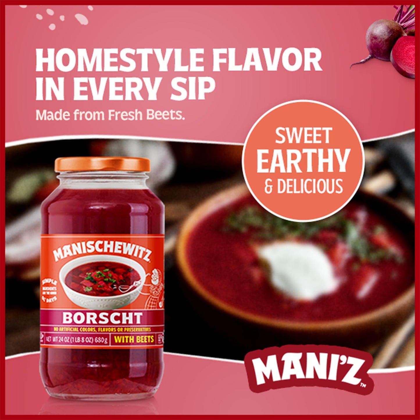 Manischewitz Borscht with Beets, 24 Oz (4 Pack) Tasty & Refreshing, Kosher for Passover