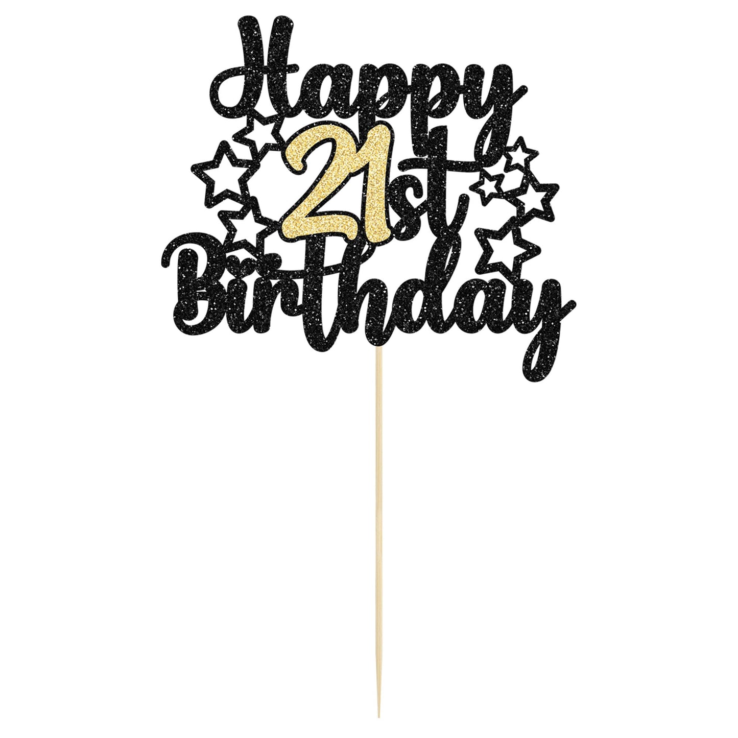 Gyufise 1Pc Happy 21St Birthday Cake Topper Black Gold Glitter Cheers To 21 Years Birthday Cake Pick 21 Fabulous Cake Decoration