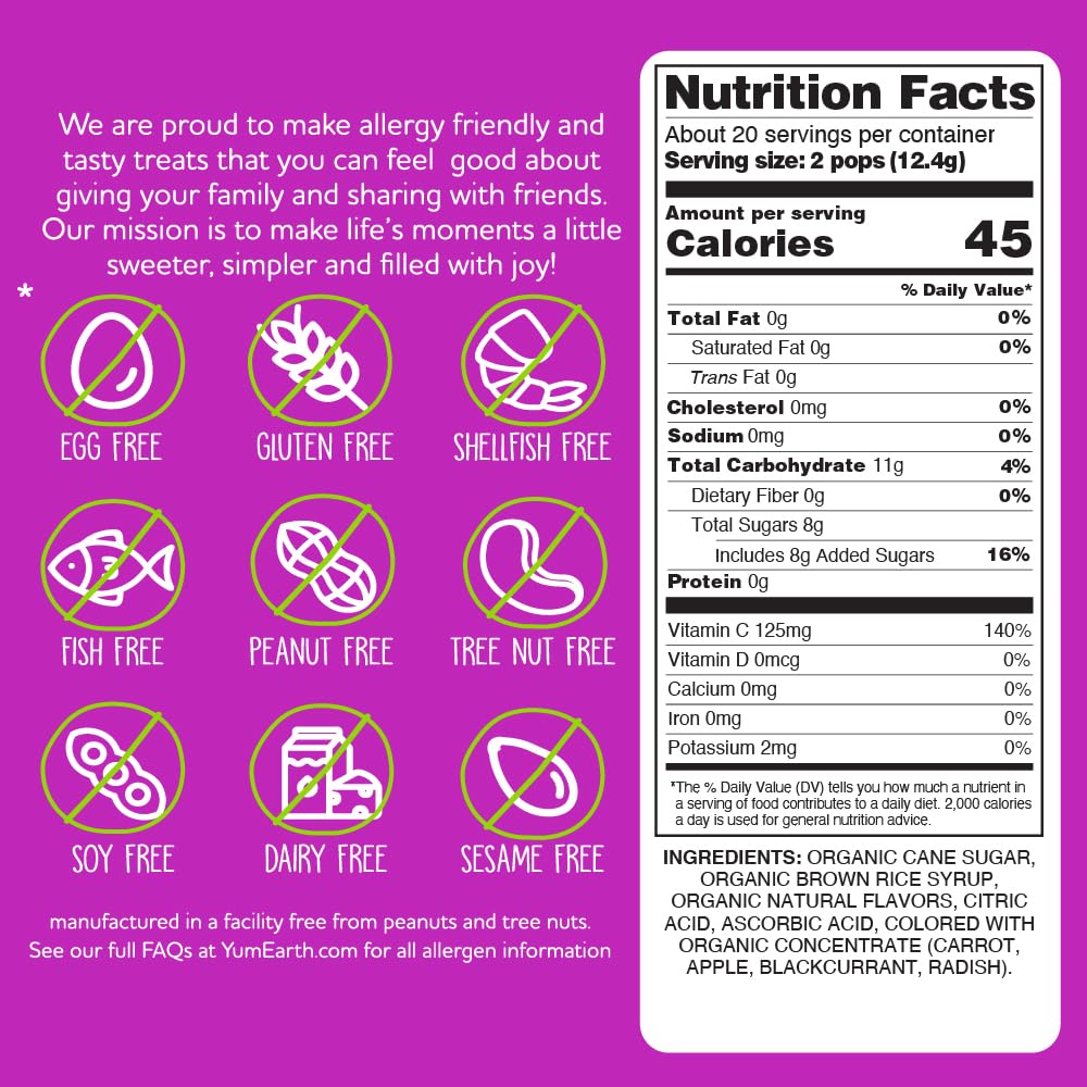 YumEarth Organic Vitamin C Pops Variety Pack, 40 Fruit Flavored Favorites Lollipops, Allergy Friendly, Gluten Free, Non-GMO, Veg