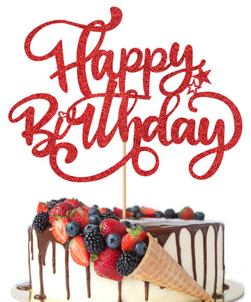 Crseniny Happy Birthday Cake Topper,Red Glitter Birthday Sign Cake Decorations,Anniversary Party/Birthday Party Decoration Suppl