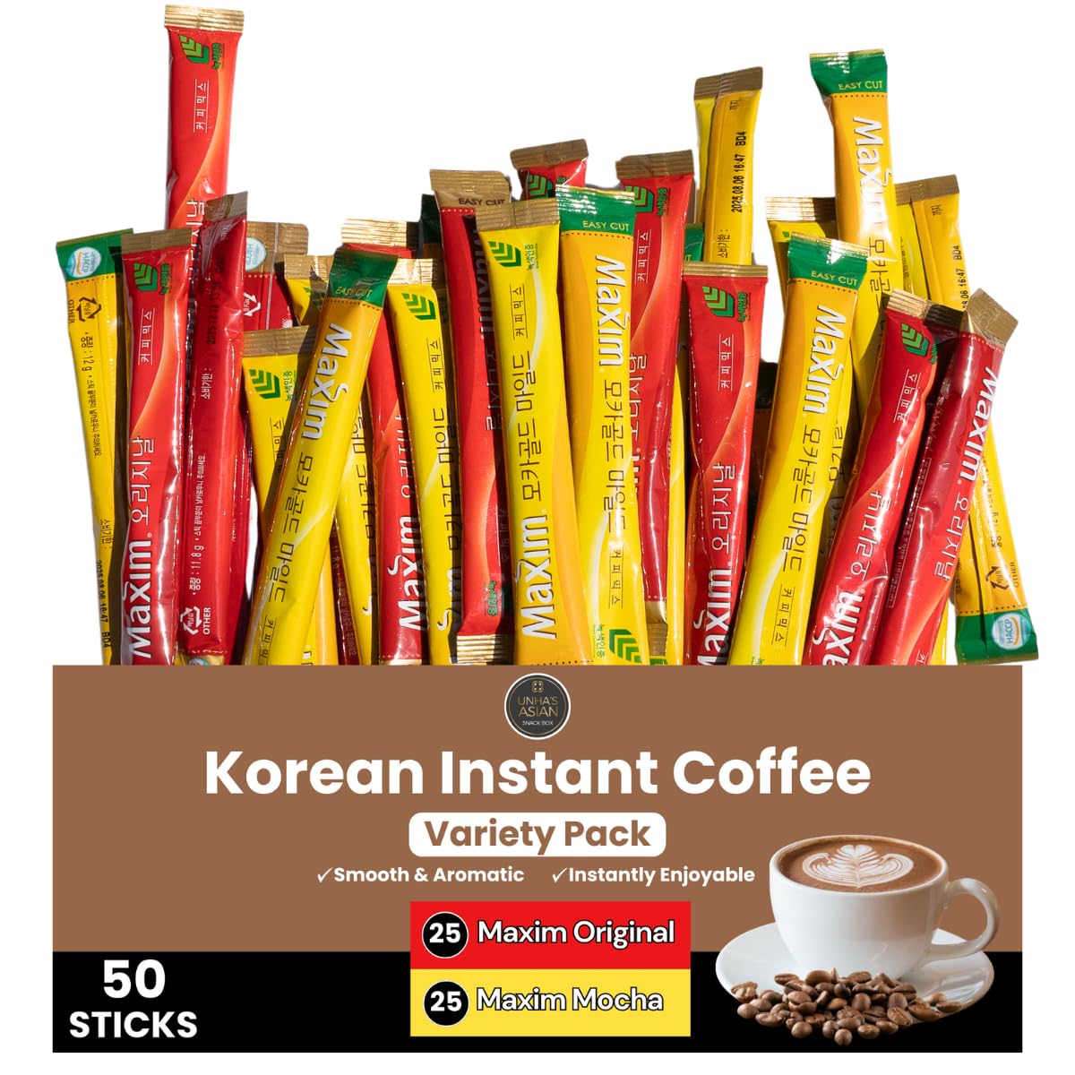 Korean Instant Coffee Mix - 50 Packets  2 Flavors - Maxim Original & Mocha Gold Mild  3-in-1 Coffee Sticks  Sweet & Creamy Instant Coffee Variety from Korea