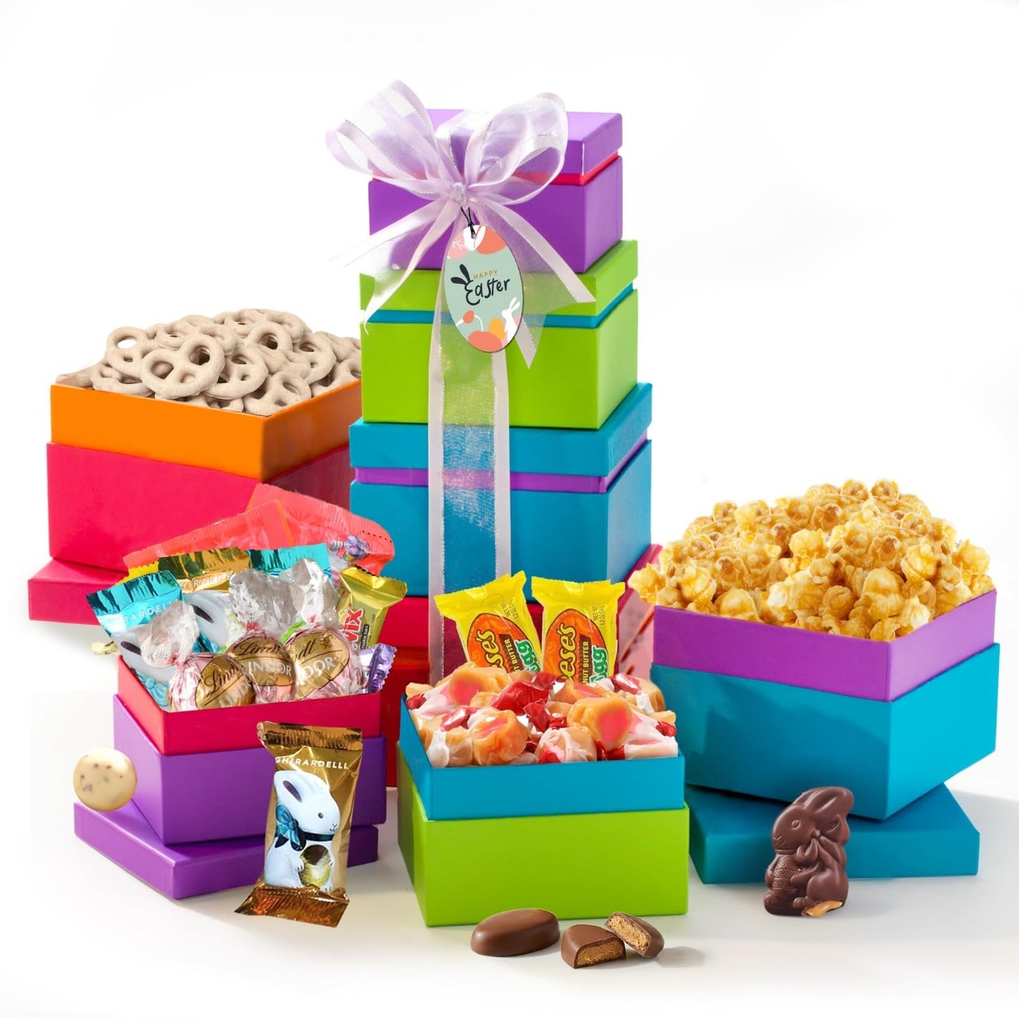 Broadway Basketeers Easter Basket Tower Premade Gift For 18+ Uses  Kids  Boys  Girls - Includes Gourmet Chocolate  Candy  Easter Eggs A Great Easter Care Package For Family & Friends