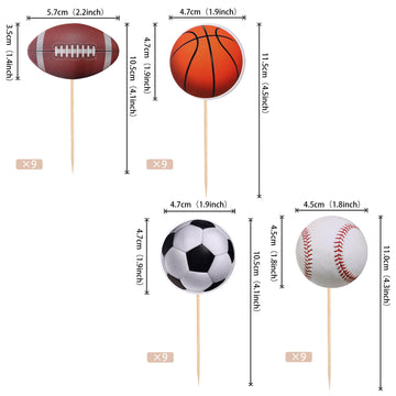 36 Pcs Sports Cupcake Toppers Baseball Cupcake Picks Football Soccer Ball Toothpicks Rugby Basketball Cake Decorations For Sport