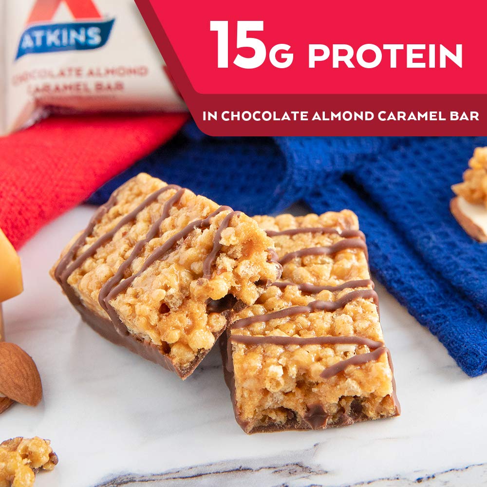 Atkins Chocolate Almond Caramel Protein Meal Bar, High Fiber, 15g Protein, 1g Sugar, 3g Net Carbs, Meal Replacement, Keto Friend